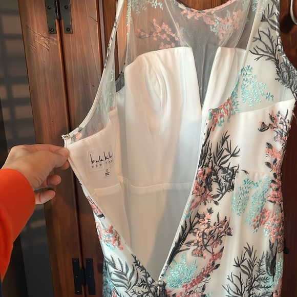 Nicole Miller NY Cocktail Dress Sheer Mesh Embroidered Aqua Mist Coral White 12 - Picture 3 of 12